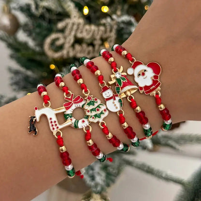 6Pcs/Set Santa Claus Snowflake Christmas Tree Pendant Bracelet Women Cute Adjustable Rope Chain Crystal Beaded Bracelet