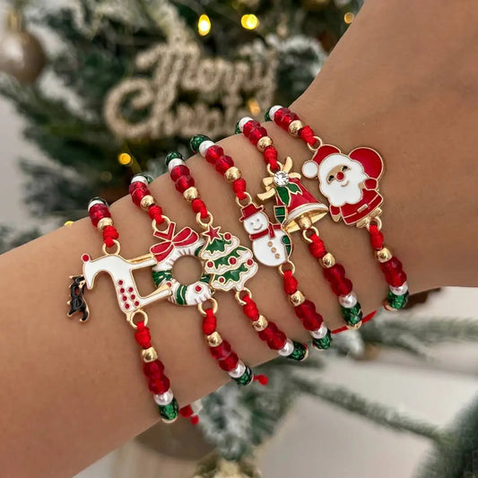 6Pcs/Set Santa Claus Snowflake Christmas Tree Pendant Bracelet Women Cute Adjustable Rope Chain Crystal Beaded Bracelet