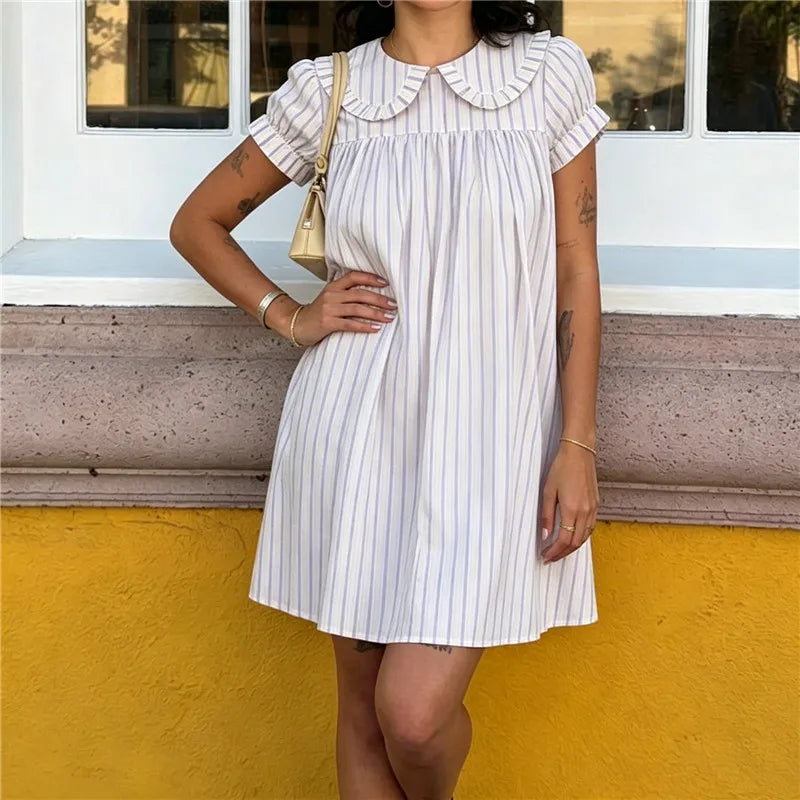 Cute Ruffle Collar Polka Dot/Striped Dress Women's Short Puff Sleeve Loose A-Line Casual Mini Sundress Summer Streetwear
