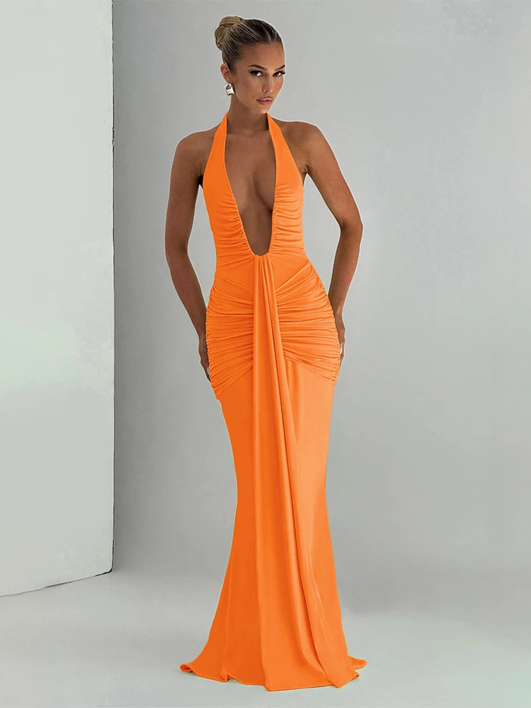 Backless Tassel Dress Women Peach Buttock Pleated Patchwork Solid Halter Sleeveless Midnight Clubwear Party Vestidos