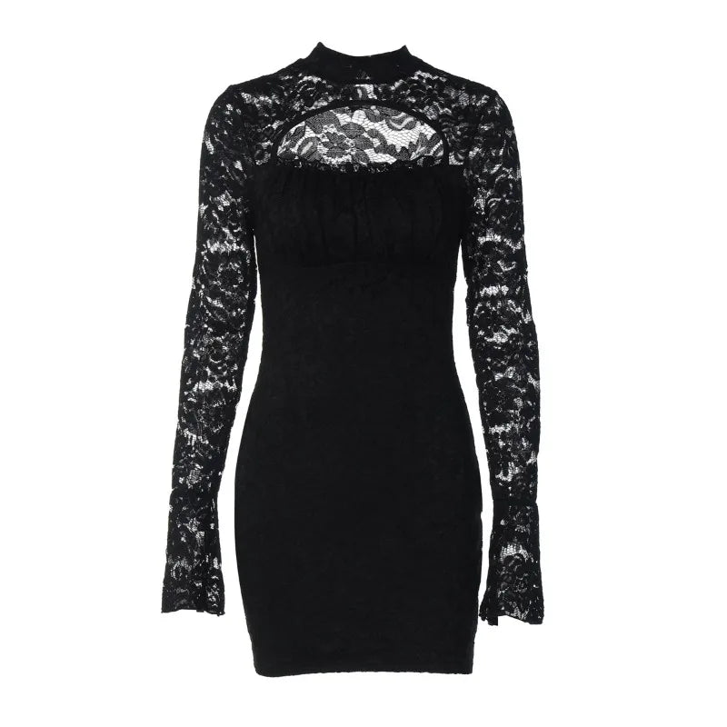 Black Lace Dress Sexy Outfits Women Club Wear Hollow Out Long Sleeve Mini Dresses Fall