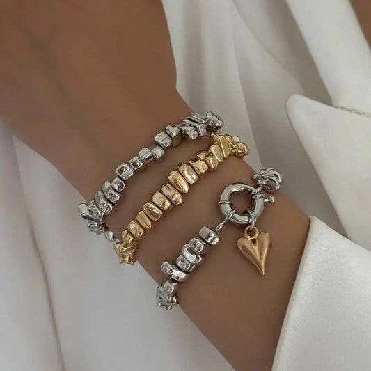 3pcs/set Fashion Irregular CCB Beads Chain Heart Pendant Bracelet Women Vintage Imitation Pearl Bangle Jewelry Gift