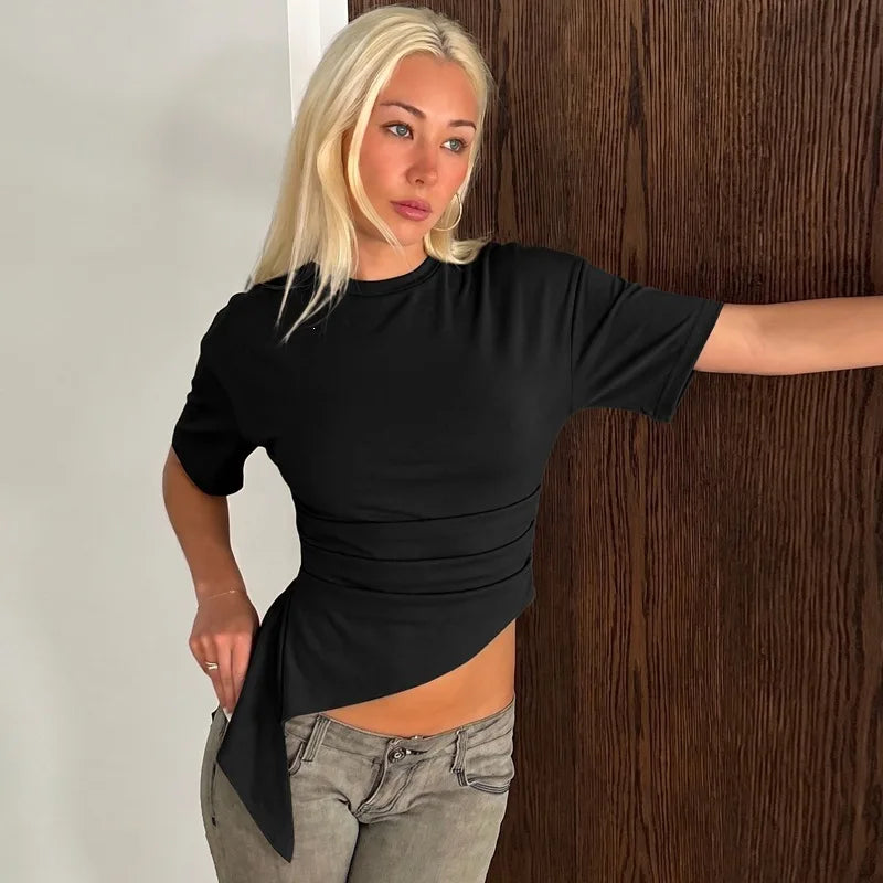 Crew Neck Short Sleeve Asymmetrical Tops Summer 2026 Fashion Tshirt Woman Clothes