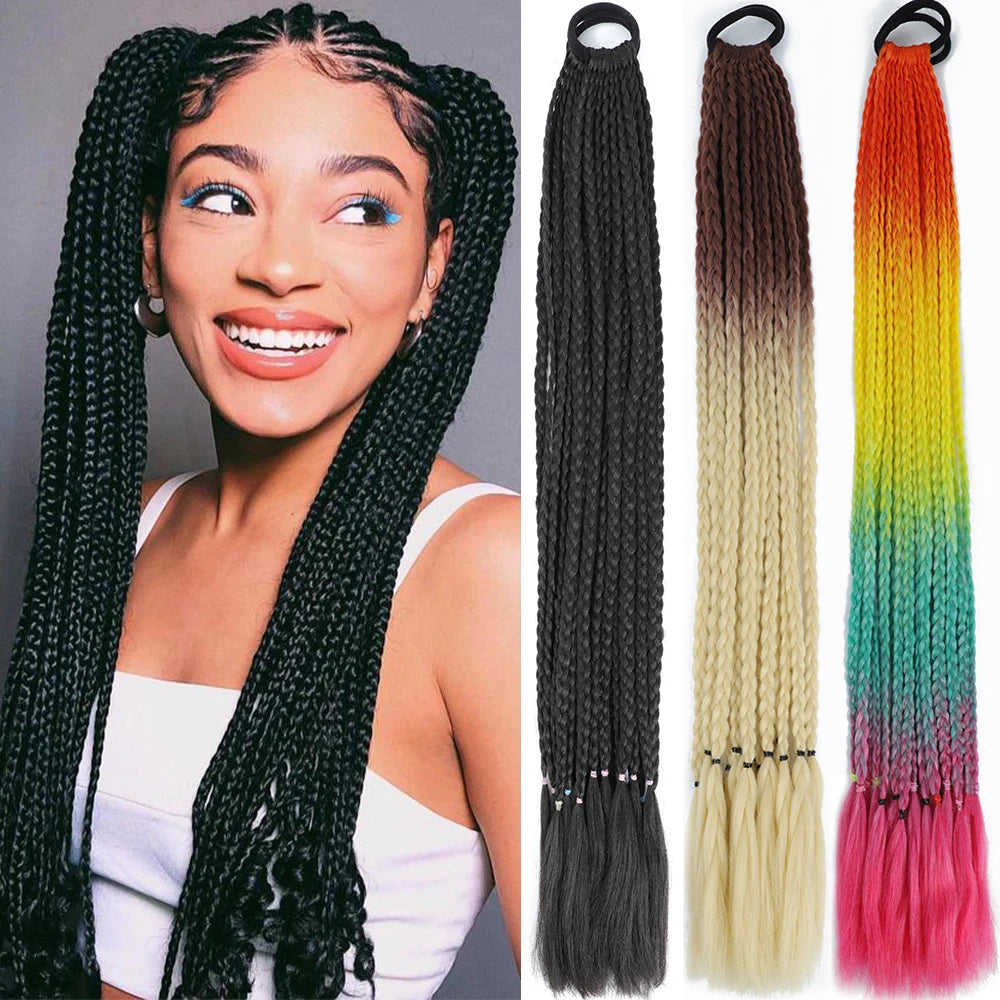Synthetic 24inch Girls Colored Box Braided Ponytail With Elastic Rubber Band Hair Extensions Rainbow Color Box Pigtail Hairpiece