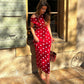 Sexy Women Red Polka Dot Off Shoulder Bodycon Midi Dress Elegant Sleeveless Knit Slim Fit Party Evening Summer Dress