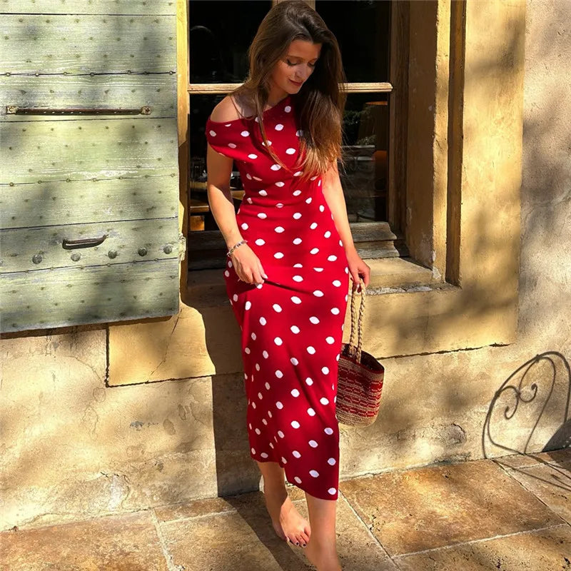 Sexy Women Red Polka Dot Off Shoulder Bodycon Midi Dress Elegant Sleeveless Knit Slim Fit Party Evening Summer Dress