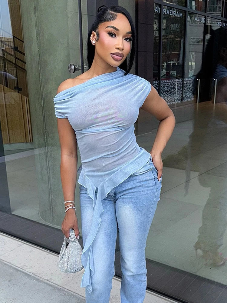 Sexy Sequins Glitter Skew Collar Crop Tops Women Irregular Ruffles Tassel Midnight Coquette Club Summer Trend Tees