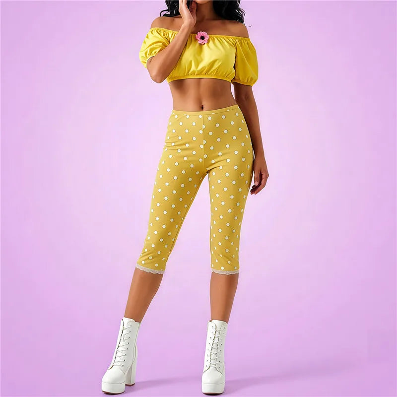 Vintage Polka Dot Cropped Leggings High Waist Lace Trim Hem Calf Pants Women Daily Loungewear Sleepwear Casual Bottoms