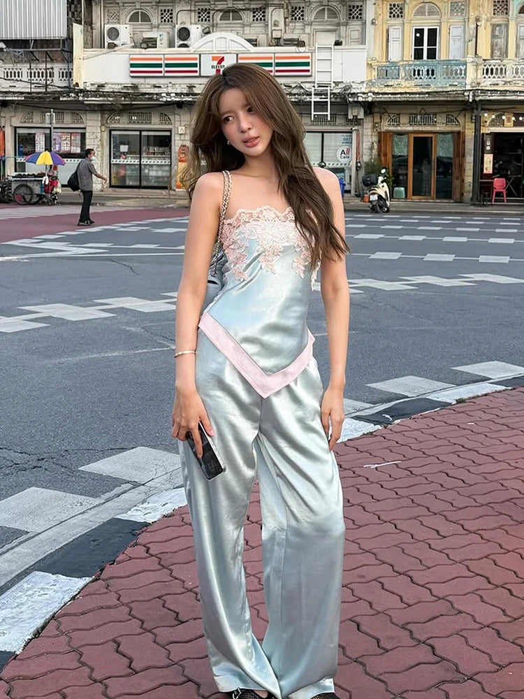 Irregular Hem Tank Top Women Patchwork Satin Lace Flower Sweet Style Music Festival Beach Party Summer Streetwear