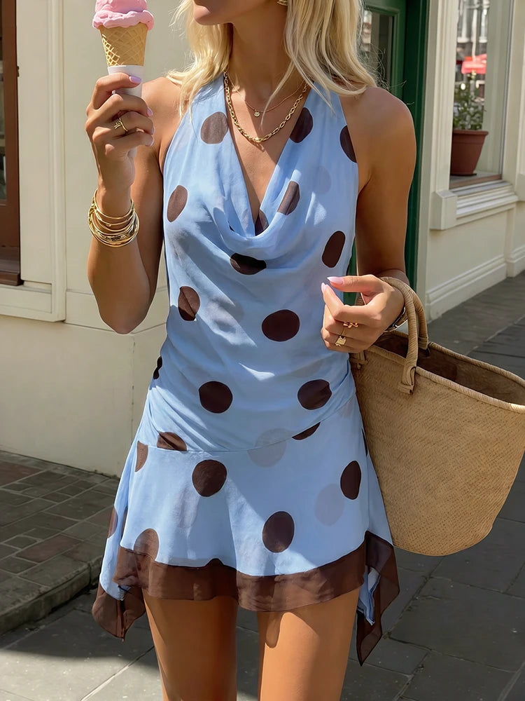 Backless Swing Collar Dress Women Sexy Polka Dot Print Halter Sleeveless Irregular Hem Trend Vacation Party Bodycon