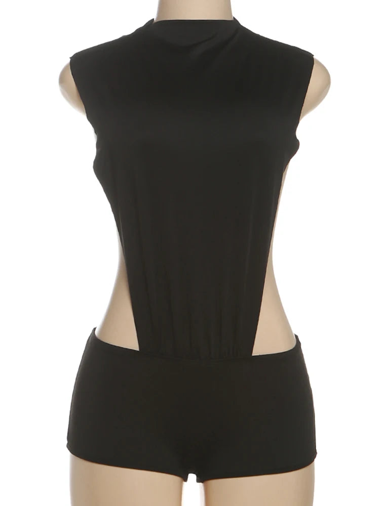 Street Side Split Romper Women Coquette Sleeveless Hipster Sexy Ruched Shoulder Solid Stretch Midnight Clubwear Playsuit