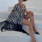 Sexy Tassel Patchwork Dress Women Elegant Zebra Stripes Skew Collar Off-Shoulder One Puff Sleeve Trend Party Bodycon