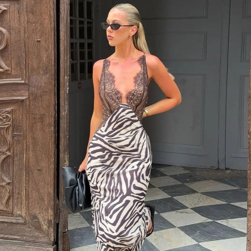 Abstract Zebra Print Black Lace Dresses Spaghetti Strap V Neck Backless Maxi Dress Sexy Vacation Outfits