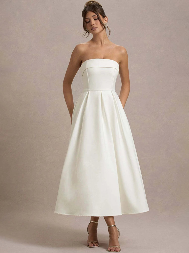 Off-shoulder Strapless Sexy Midi Dress Women Fashion Elegant Sleeveless Backless High Waist A-line Club Party Dress New