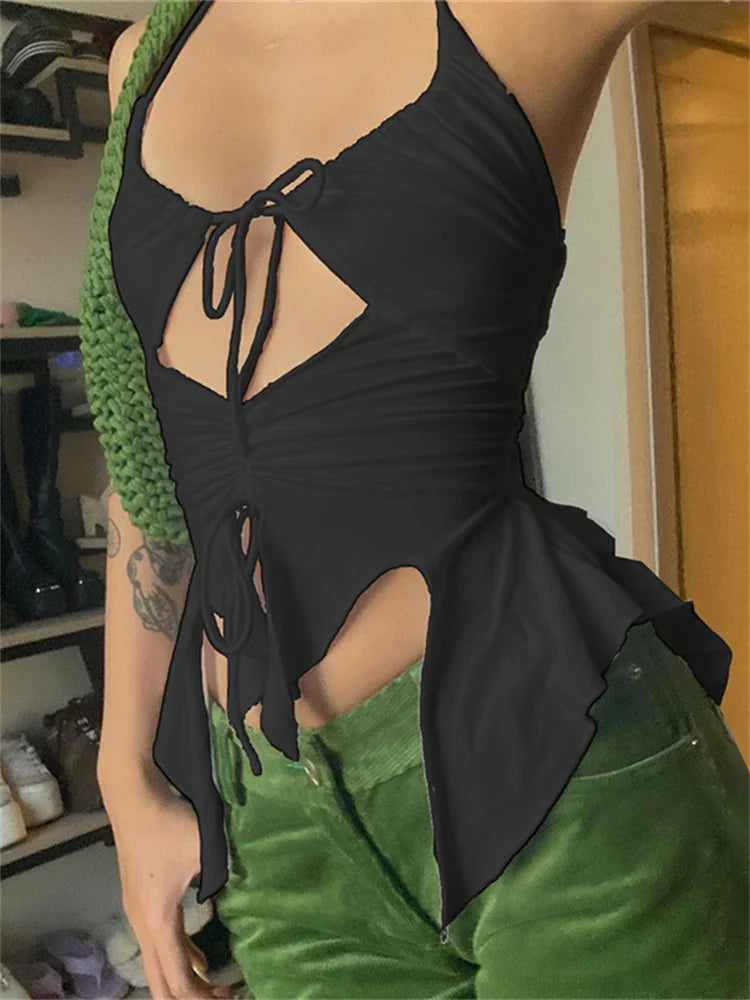 Y2k Hollow Tank Tops Women Sexy Shirring Irregular Camisole Solid Summer Backless Streetwear Fashion Skinny Outfit