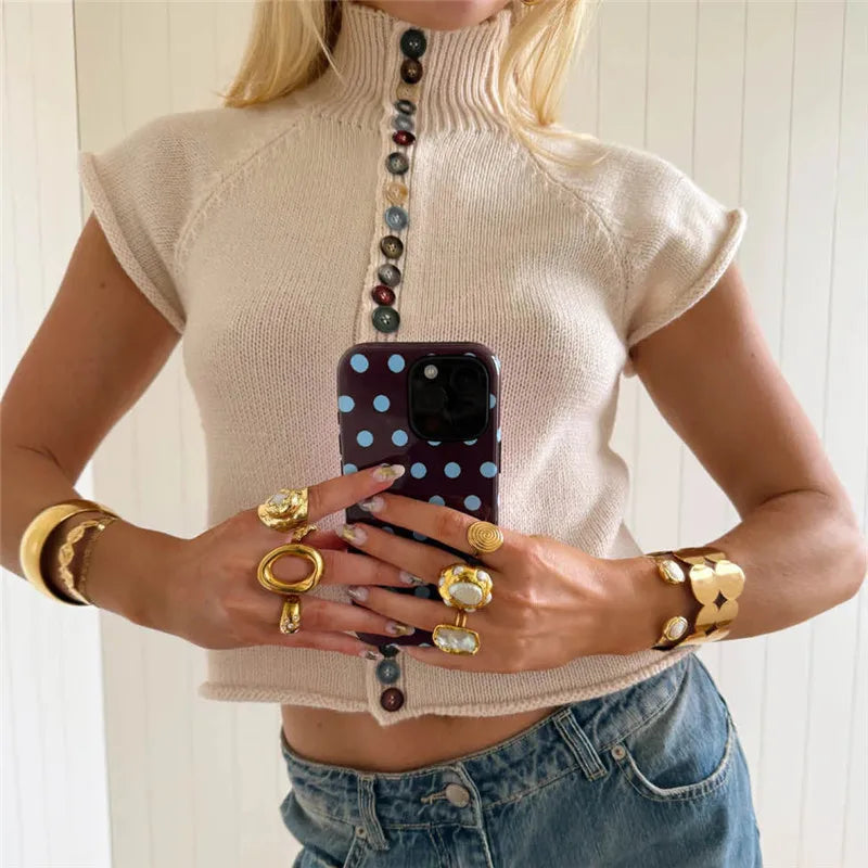 Women's Slim Fit Lightweight Sweater Shirt Elegant Colorful Button Down Short Sleeve Mock Neck Knit Cardigan Streetwear
