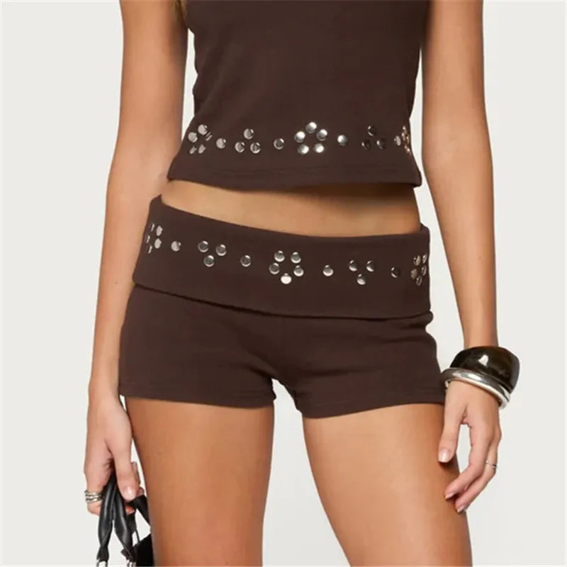 Women Low Waist Ribbed Mini Shorts Fold Waist Metal Rivet Studded Decor Slim Bodycon Hot Pants Street Clubwear Shorts