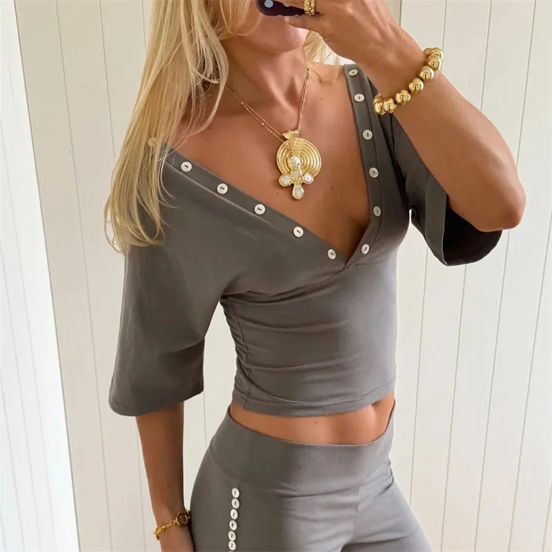 Double Front Back Deep V Button Detail Cropped Top Half Sleeve Ruched Waist Slim Fit Stretch Y2K Going Out Crop Blouse