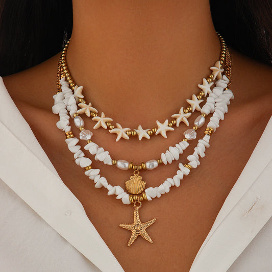3Pcs/Set Boho Starfish Conch Pendant Choker Necklace Women Creative White Irregular Stone Chain Aesthetic Y2K Jewelry