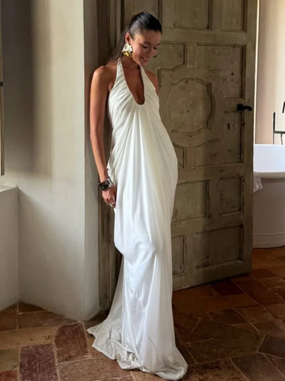 V Neck Backless Sleeveless Pleated Long Maxi Dress Sexy Mesh White Dresses for Woman Party Wedding