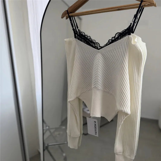 Women Off Shoulder Lace Trim Knit Top V Neck Batwing Long Sleeve Ribbed Cropped Pullover Casual Fall Streetwear Sweater