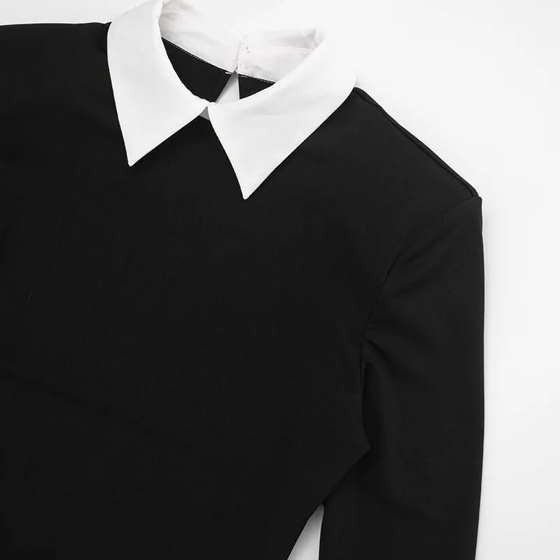 Black and White Patchwork Short Dresses for Women Clothing Elegant Fashion Long Sleeve Bodycon Dress