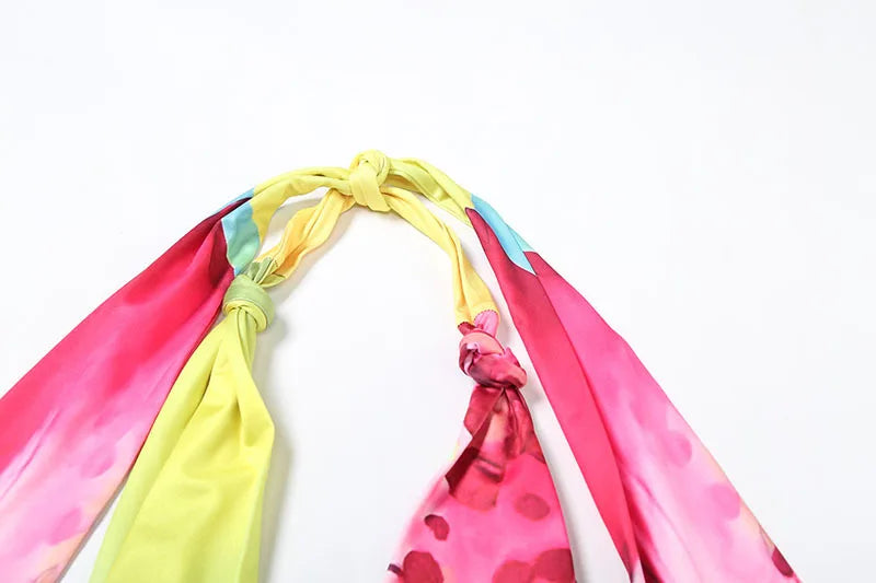 Colorful Print Sexy 2 Piece Set Open Back Halter Top and Split Long Skirts Woman Vacation Outfits