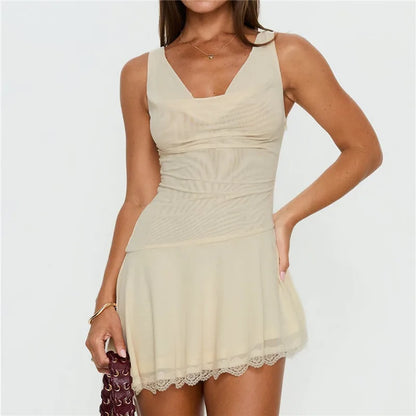 Women's Summer Mini Tank Dress V Neck Sleeveless A-Line Dress Lace Trim Solid Color Sleeveless Dress for Beach Vacation