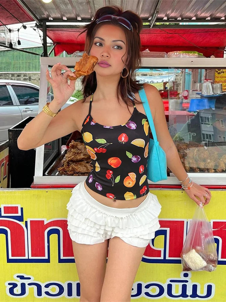 Fruit Print Camisole Women Low-Neck Sexy Midnight Skinny Music Festival  Summer Trend Hottie High Street Wild Clubwear