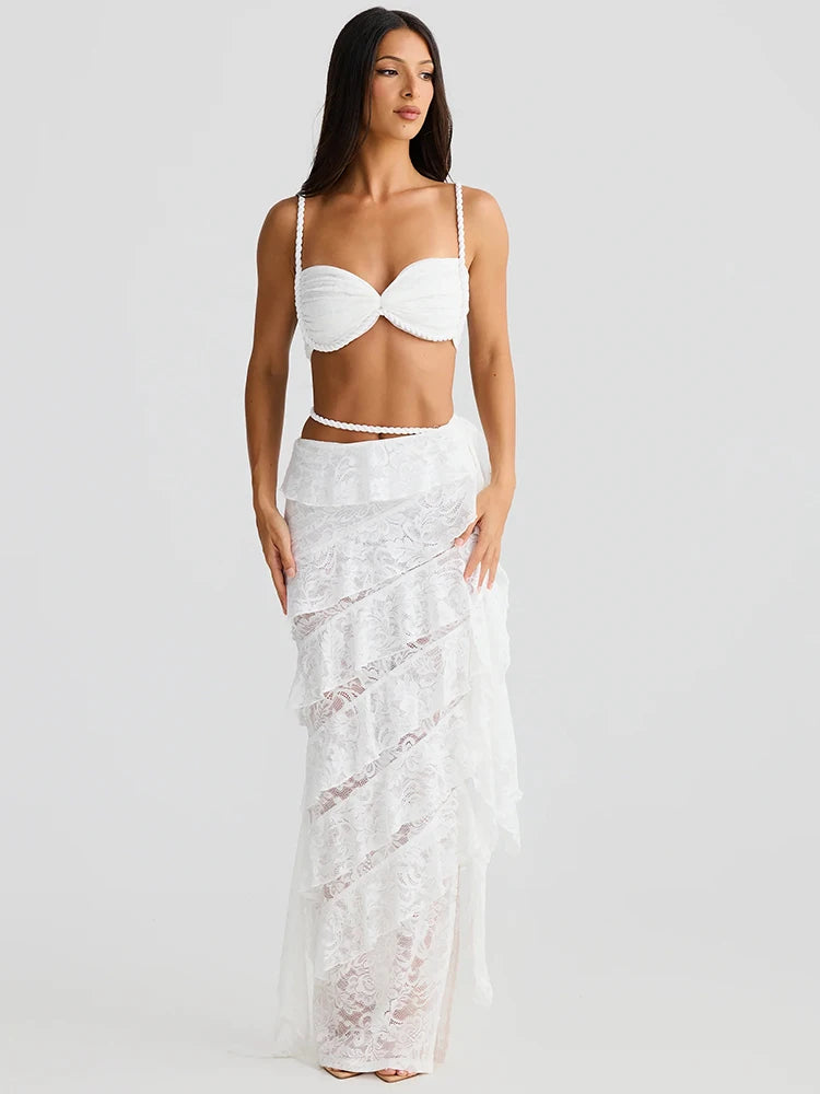 Summer Lace Sexy Two Piece Sets Women Fashion Strapless Crop Tops And Maxi Skirt Female Elegant Beach Party 2 Piece Set