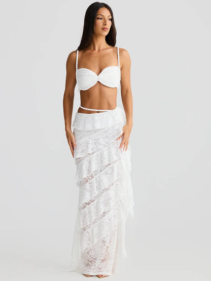 Summer Lace Sexy Two Piece Sets Women Fashion Strapless Crop Tops And Maxi Skirt Female Elegant Beach Party 2 Piece Set