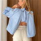 Women Backless Bow Tie Blouse Stand Collar Puff Long Sleeve Pleated Loose Cropped Shirt Solid Casual Daily Going Out Top