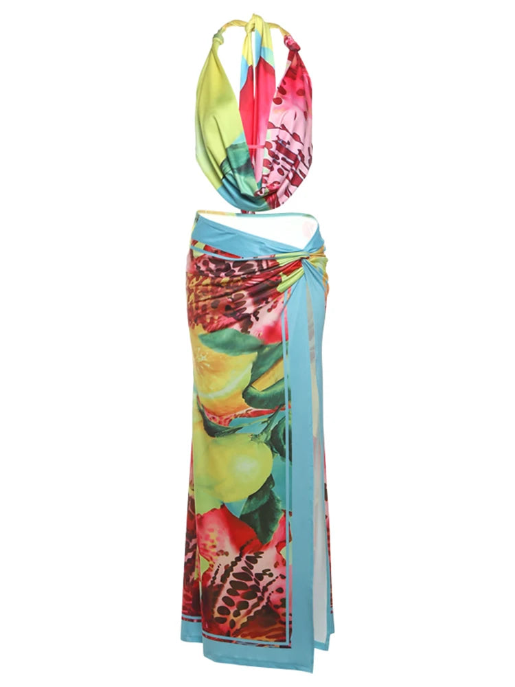 Women 2Piece Set Y2K Beach Vacation Sexy Colorful Leopard Halter Tank Tops+Wrapped Maxi Skirts Matching Vacation Clubwear