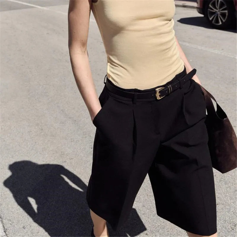 Women High Waist Pleated Bermuda Shorts Knee Length Wide Leg Suit Shorts Zipper Fly Casual Office Trouser Shorts