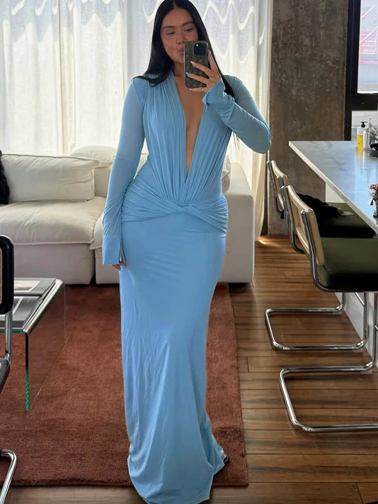 Autumn New Trend Casual Elegant Long Dress Woman Deep V-Neck Full Sleeve Ruched Shape Waist Daily Simple Style Vestidos