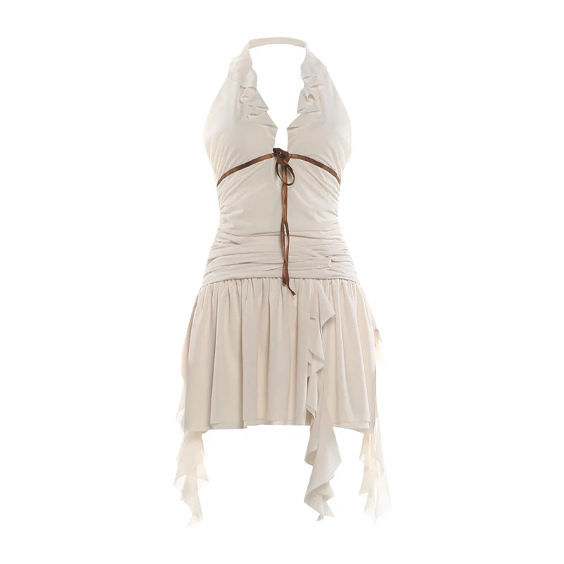 Ruffles Tassel Dress Women Bandge Bow Halter v-Neck Backless Sleeveless Folds Skinny Fashion Summer Party Bodycon