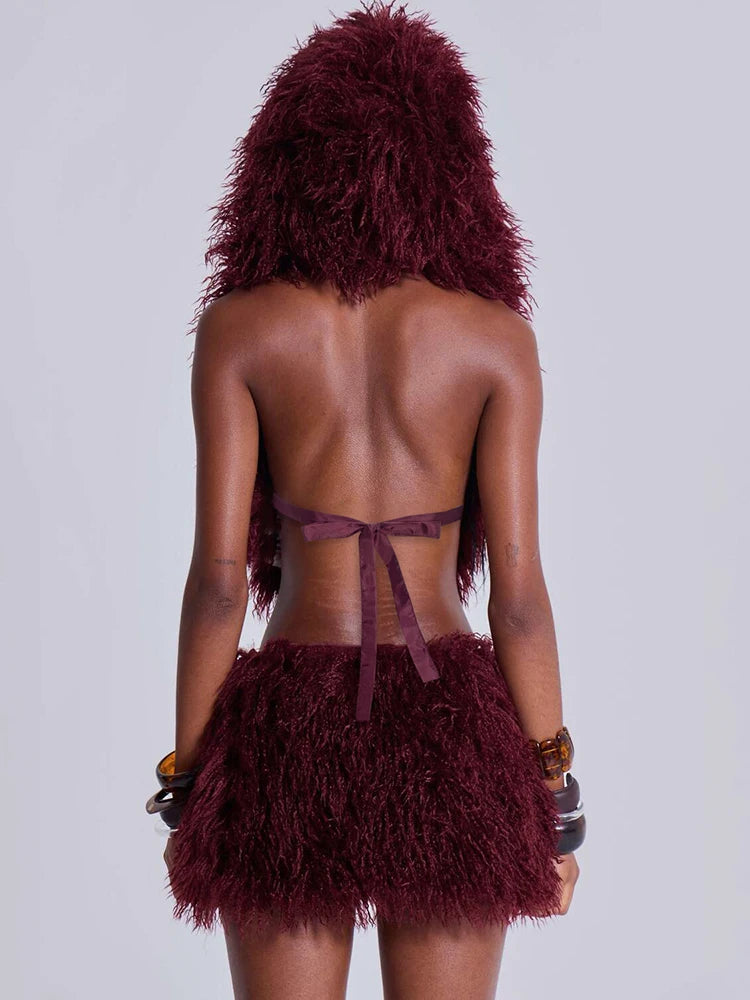 Hooded Furry 2 Piece Set Women Sexy U-Neck Backless Bandage Tank Tops+Tight Mini Skirt Chic Midnight Party Clubwear