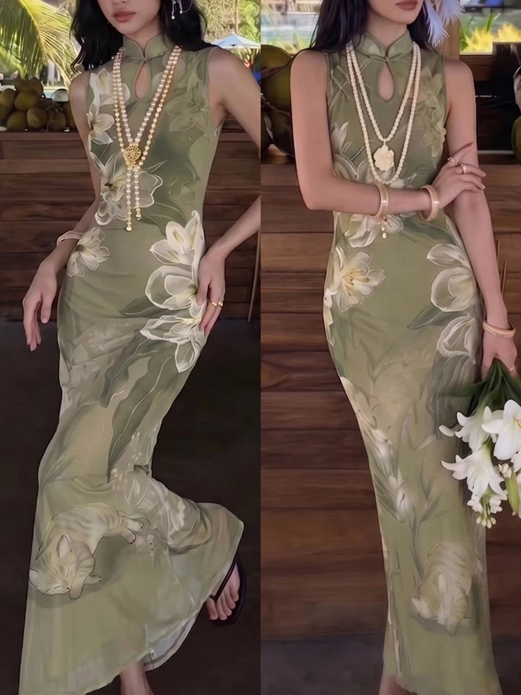 Hollow Maxi Dress Women Frog Button Stand-Up Collar Floral Print Sleeveless Classic Summer Elegant Chic Vestidos