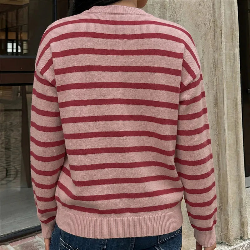 Women Striped Knit Cardigan Crew Neck Button Down Long Sleeve Sweater Notched Neckline Knitwear Fall Winter Streetwear