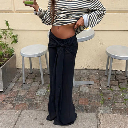 Women Solid Casual Wrap Pants Ruched Waist Elastic Wide Leg Yoga Leggings Flared Tie Front Knot Lounge Trousers