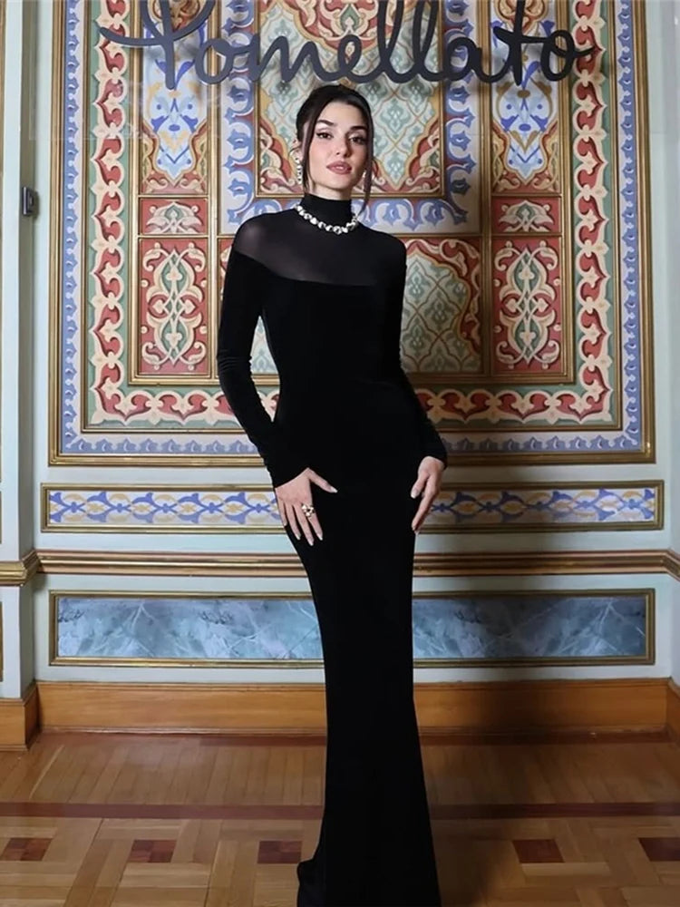 Full Sleeve Turtleneck Mesh Patchwork Long Dress Woman Elegant Velvet Slim High Waist Evening Prom Party Elegant Bodycon