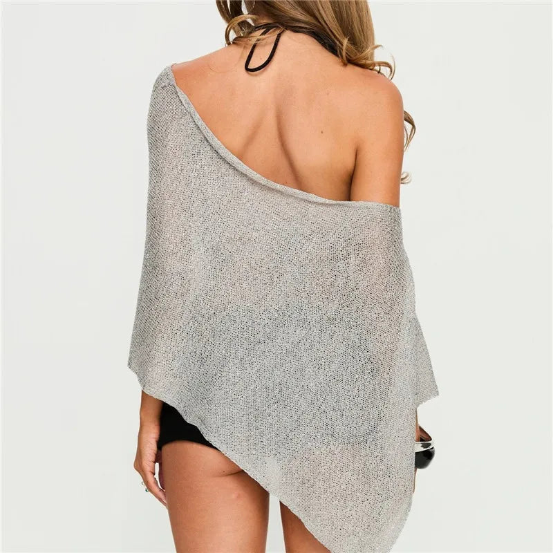Women's Knit Vacation Beach Cover-Ups Summer Casual Loose Fit Stylish Solid Color Irregular Hem Boat Neck Shawl Tops