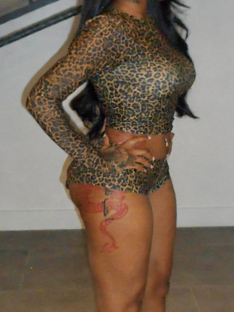 Leopard Print 2 Piece Set Women Trend O-Neck Full Sleeve T-Shirt+Bike Shorts Hottie Chic Midnight Street Club Suits