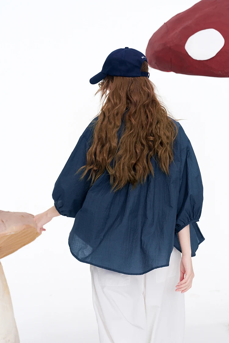 Women's Solid Color Sheer Blouse, Stand Collar Puff Sleeve Casual Button Down Loose Fit Shirt