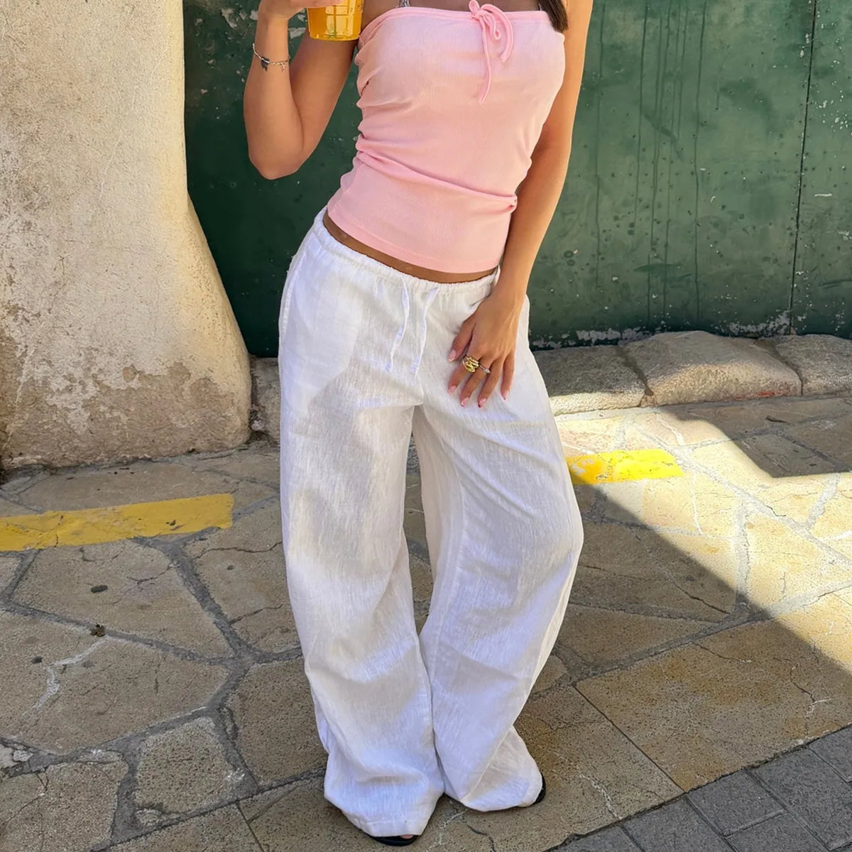 Women Summer Linen Wide Leg Pants Elastic Drawstring Waist Loose Flowy Trouser With Pockets Beach Vacation Palazzo Pants