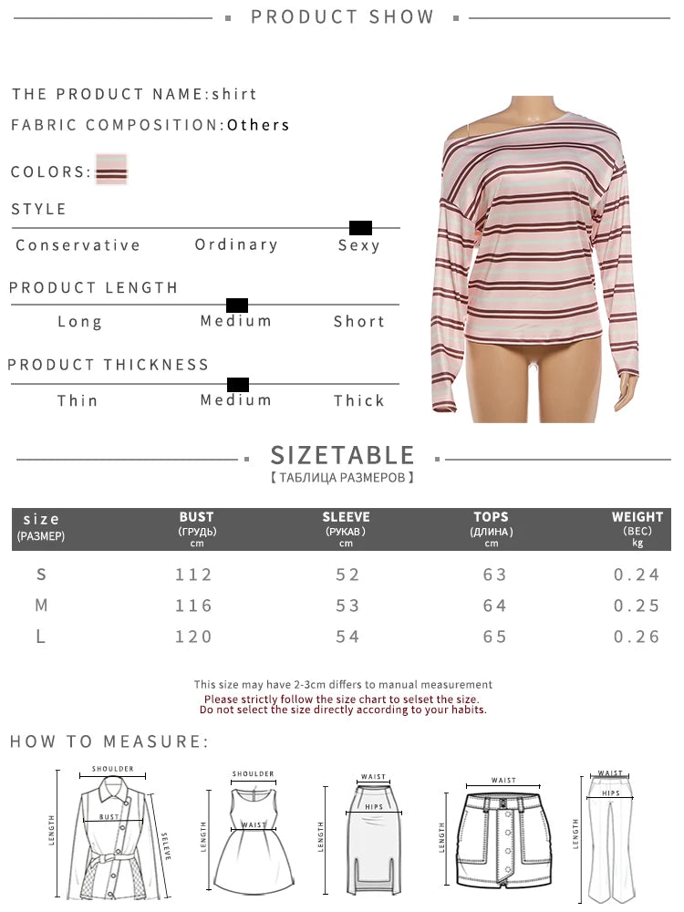 Casuals Striped Print T-Shirt Women Autumn Trend Chic Skew Collar Off-Shoulder Full Sleeve Fashion Street Sporty Tees