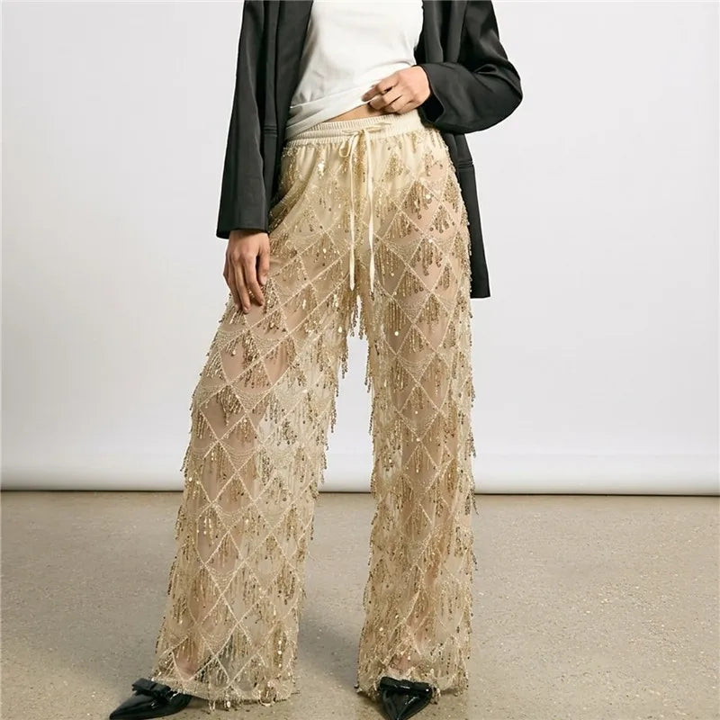 Sheer Mesh Sequin Fringe Wide Leg Pants Drawstring Elastic Waist See Through Beach Cover Up Palazzo Pants Party Clubwear