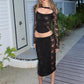 Party Jacquard 2 Piece Set Women Hollow o-Neck Full Sleeve Skinny Crop Tops+Classic Skirt Sexy See Through Midnight Suit