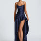 Satin Spaghetti Strap Ruffle Sexy Maxi Dress Women Off-shoulder Sleeveless Backless Thigh High Split Club Party Dress