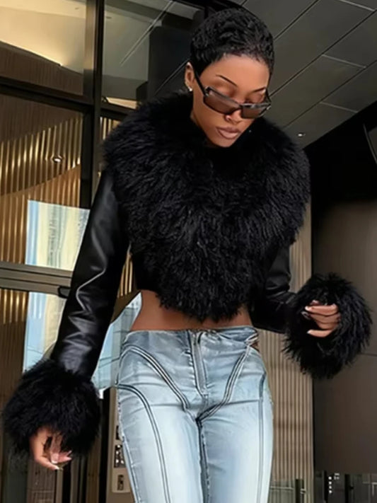 Wild Coats Woman Furry Tassel Decoration Autumn Trend Low-Neck Full Sleeve Navel Exposed High Street Style Classic Tops